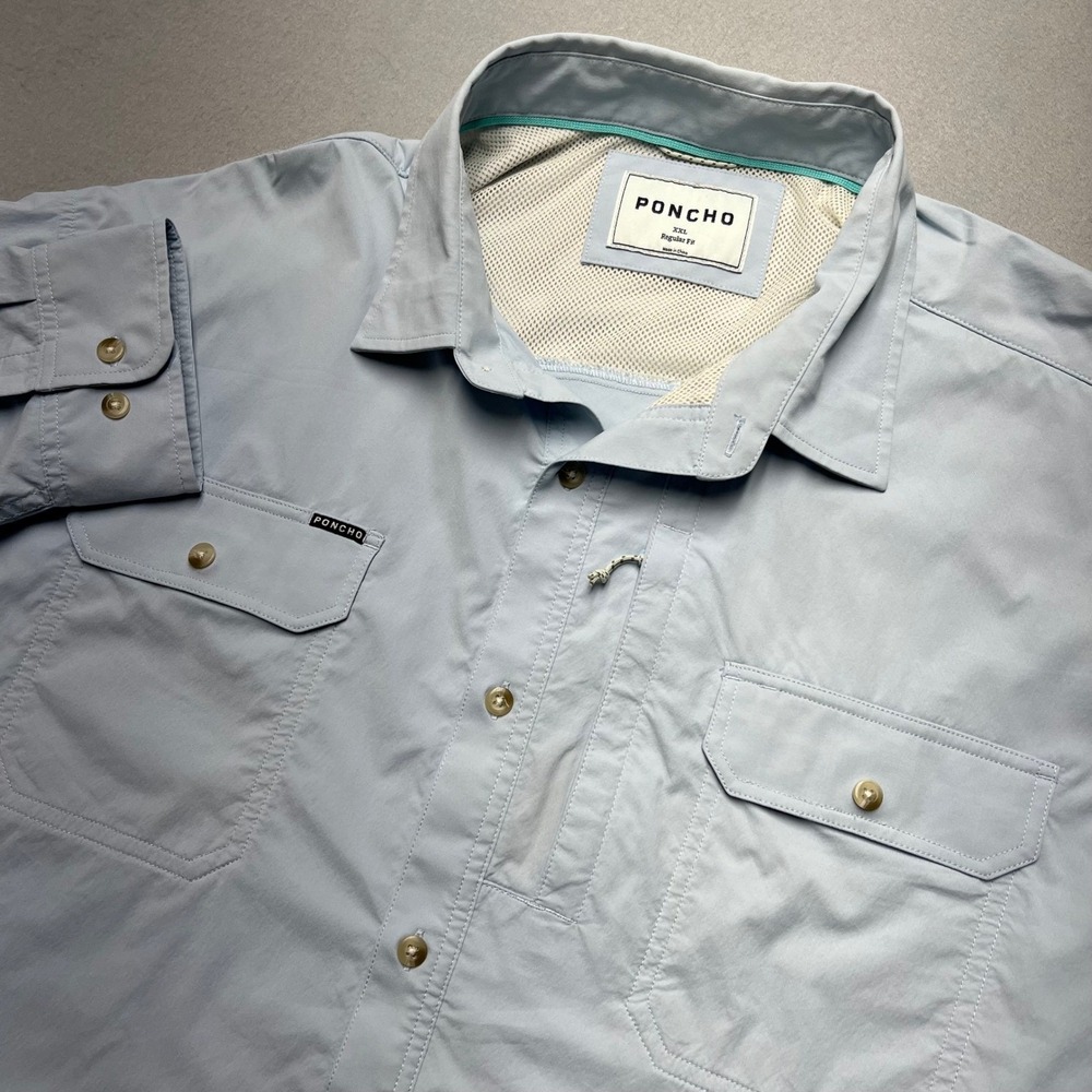 PONCHO Mens XXL Regular Fit Light Blue Nylon Spandex Long Sleeve Button Up Shirt